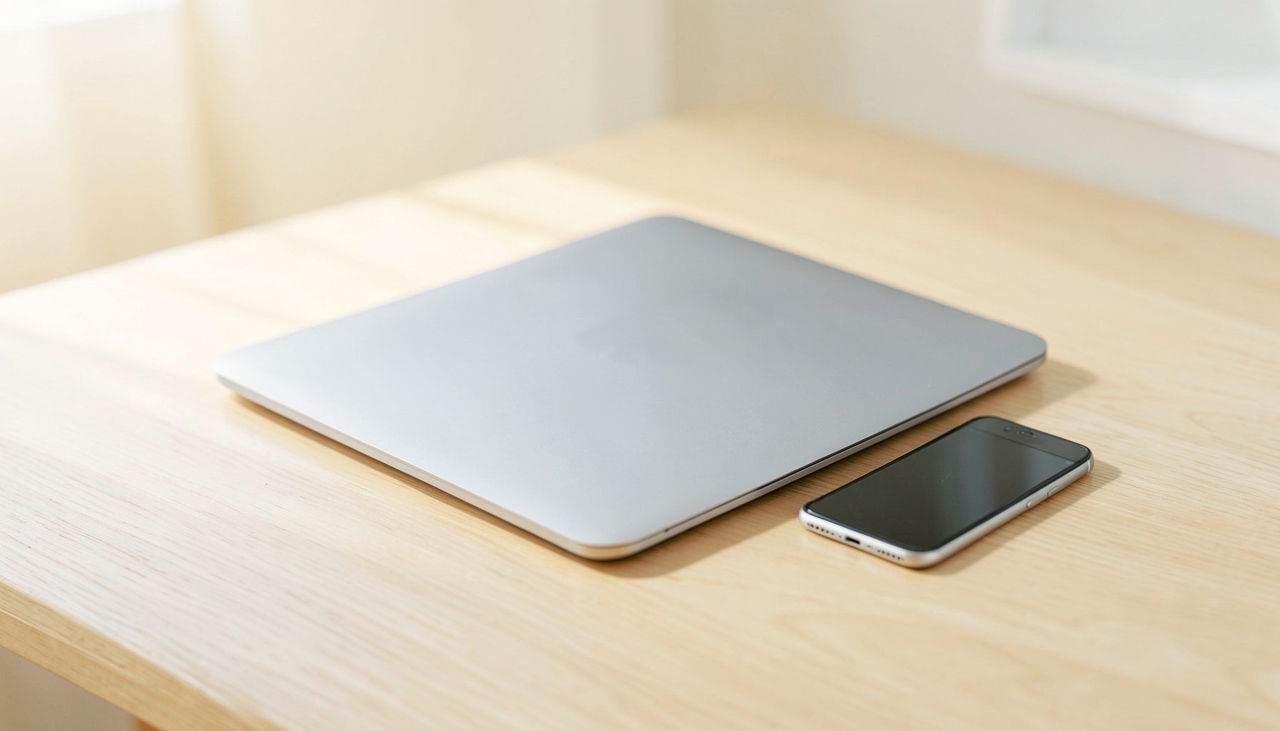A clean, minimalist desk scene with a silver MacBook and an iPhone resting on a light wooden surface, bathed in soft natural daylight with warm cream and cool silver tones.