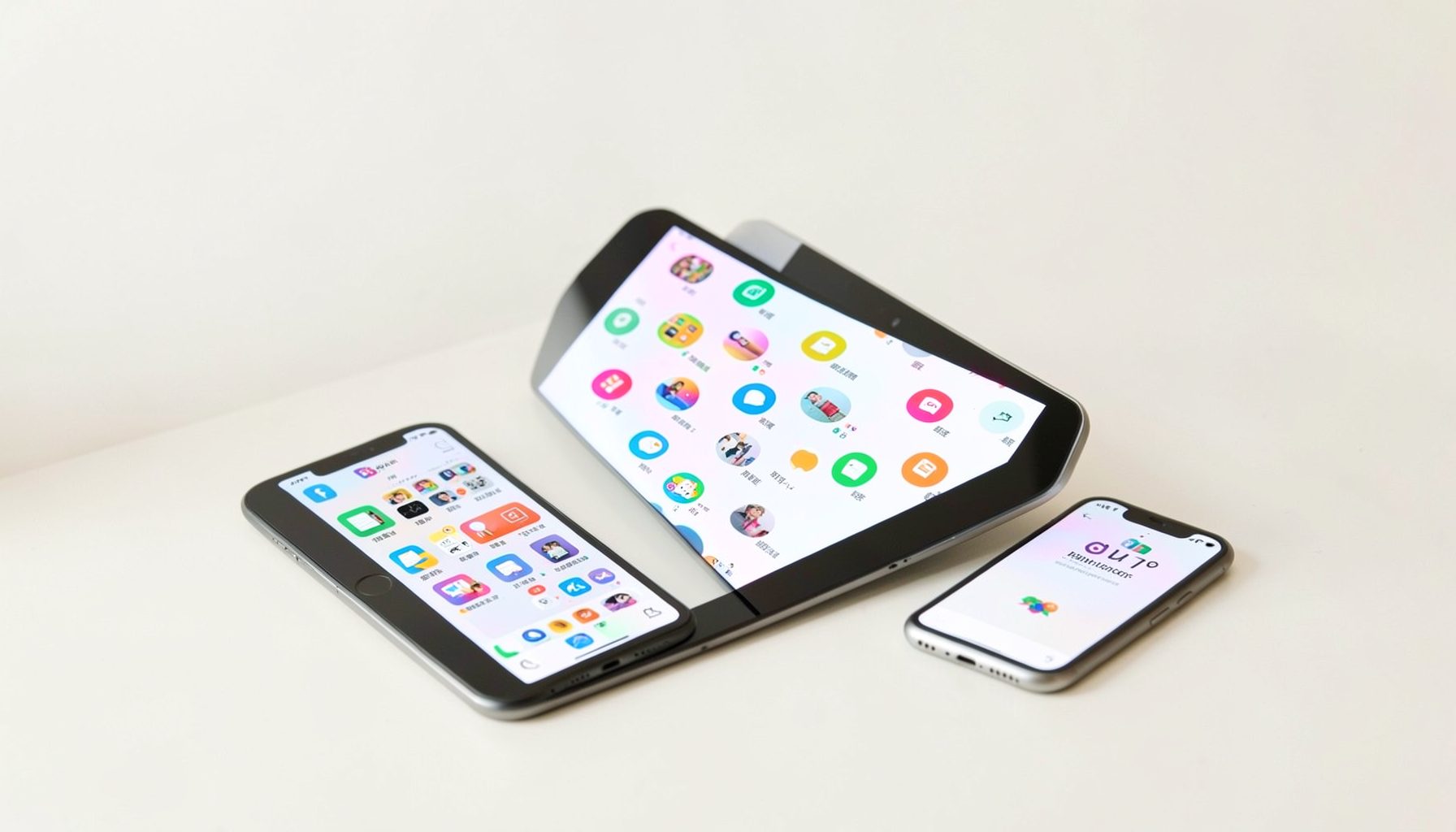 A clean, minimalist desk setup with a tablet and smartphone displaying a bright, colorful app grid against a soft off-white background, conveying a calm tech-lifestyle mood.