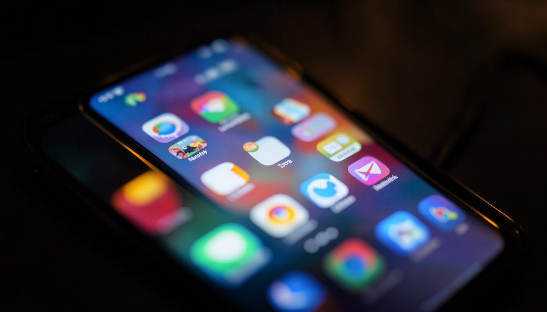 A close-up of a modern Android smartphone screen glowing with colorful app icons against a dark blurred background, warm ambient light reflecting off the glass