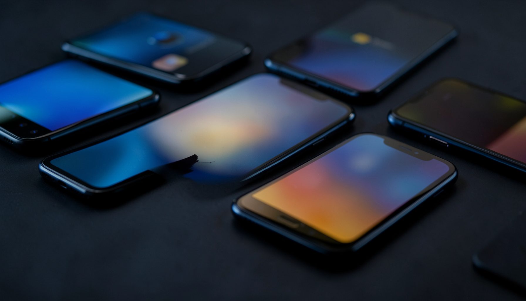 A close-up of several glossy smartphones arranged on a dark matte surface, their screens glowing in cool blues and warm ambers, with soft reflections and a moody, low-lit atmosphere.
