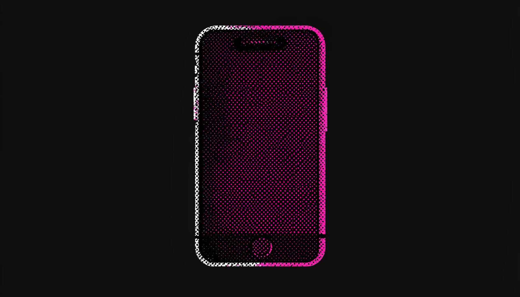 A halftone-style graphic of a smartphone silhouette against a dark background, with dot-pattern textures in black, white, and magenta pink, evoking a print-zine editorial aesthetic.