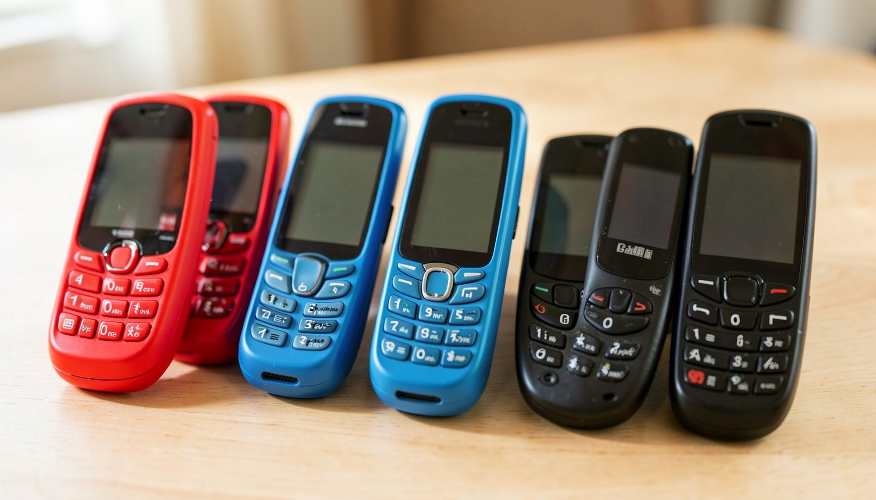 A row of colorful budget feature phones in bright red, blue, and black, arranged on a light wooden surface with soft natural daylight and a warm, approachable mood.