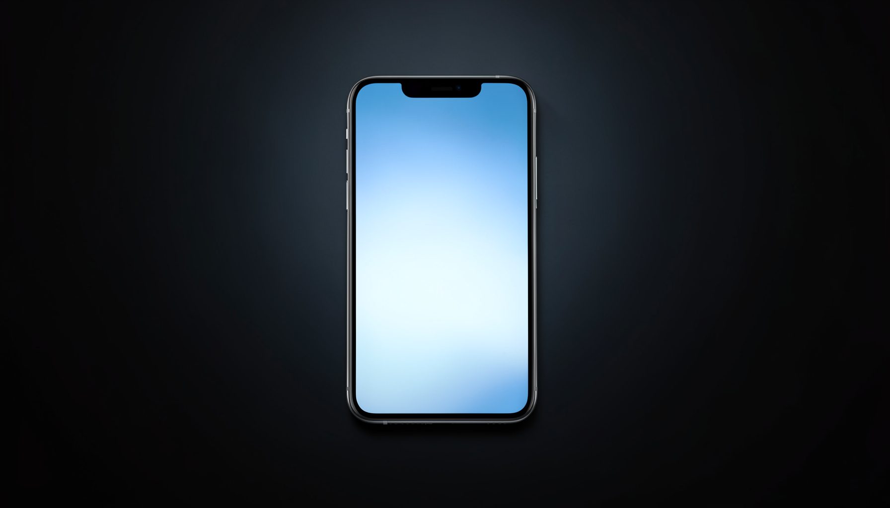 A sleek smartphone emerging from a dark gradient backdrop, its screen glowing with a subtle blue-white light against deep charcoal shadows. The mood is anticipatory and modern.