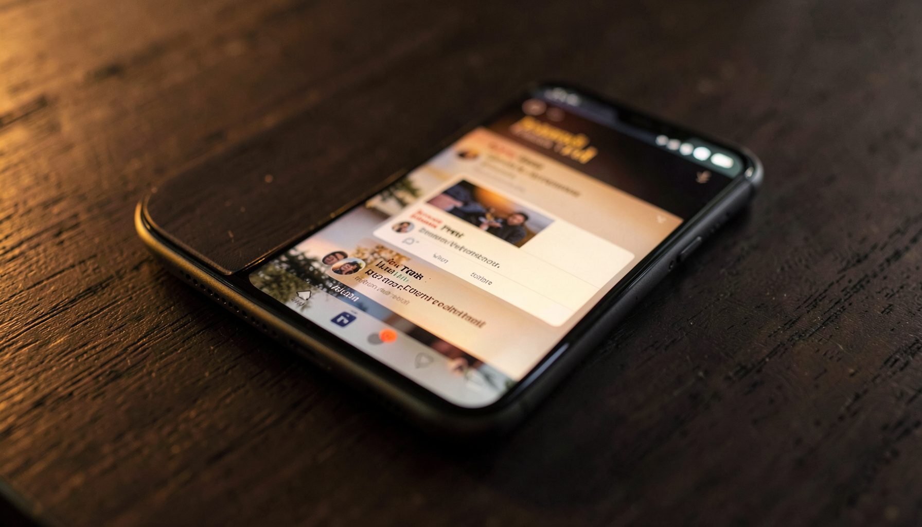 A smartphone resting on a dark wooden surface, its screen glowing softly with a review interface visible, warm amber and charcoal tones dominating the scene