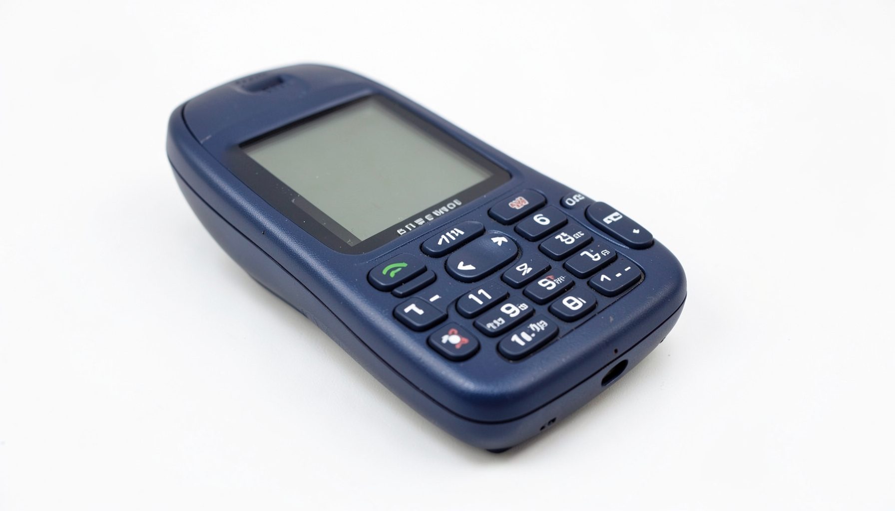 A sturdy navy-blue Nokia feature phone with a curved shape and large tactile keypad, shown on a white surface.